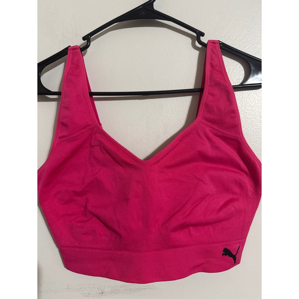 Puma Womens Seamless V-Neck Sports Bra Pink Adjustable Straps Size XL
